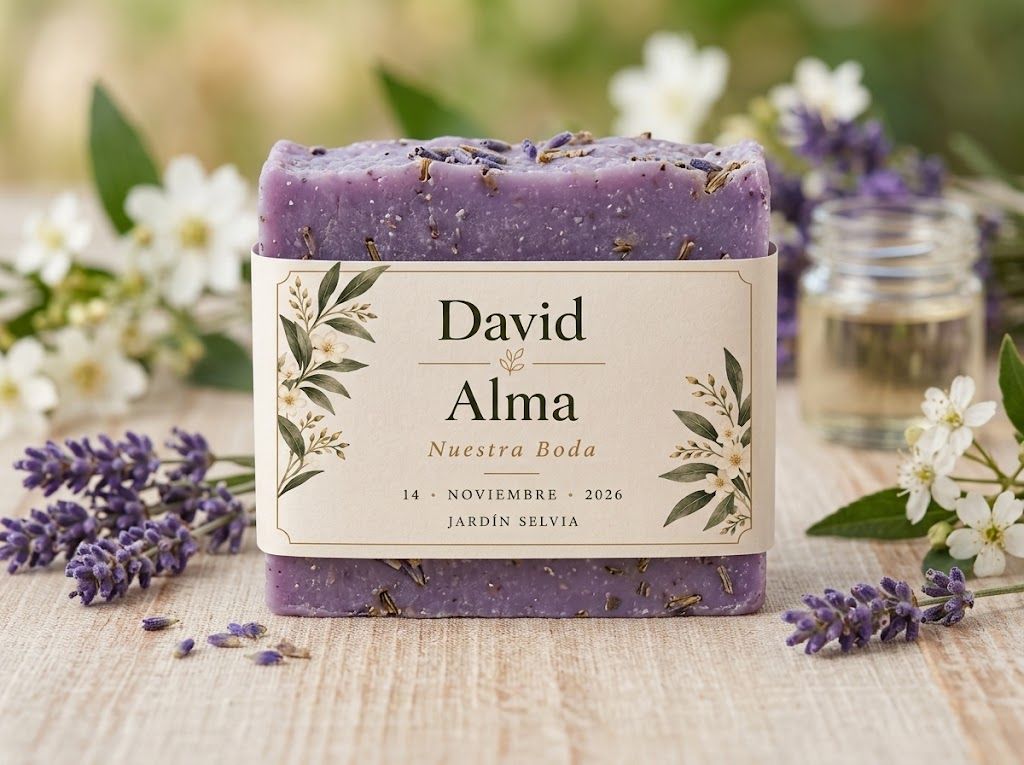 Jabón de lavanda con cintillo de boda con los nombres David y Alma
