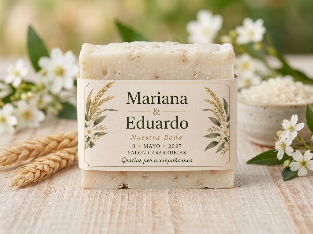 Jabón artesanal con cintillo personalizado de boda