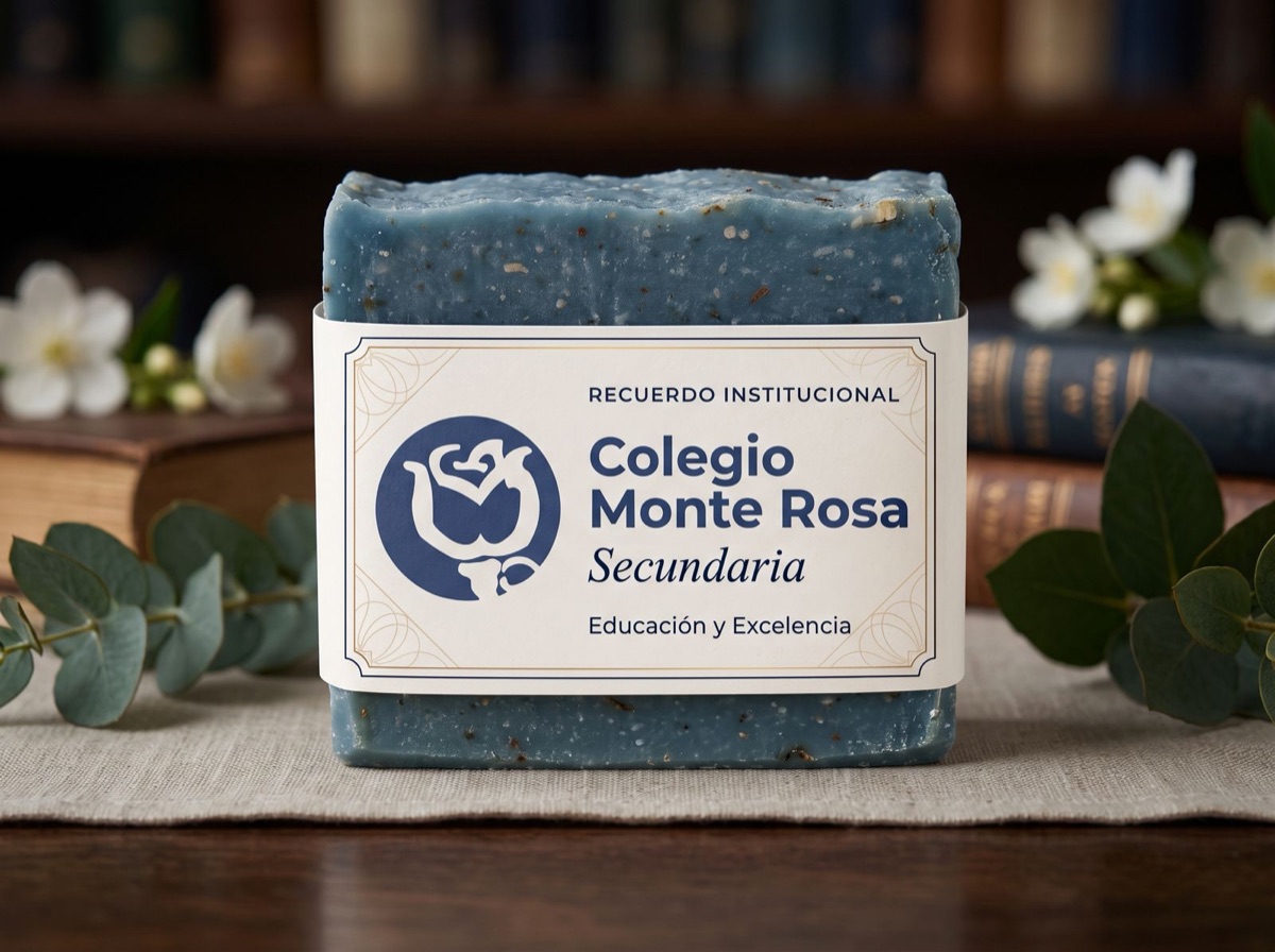 Jabón azul con cintillo institucional de un colegio